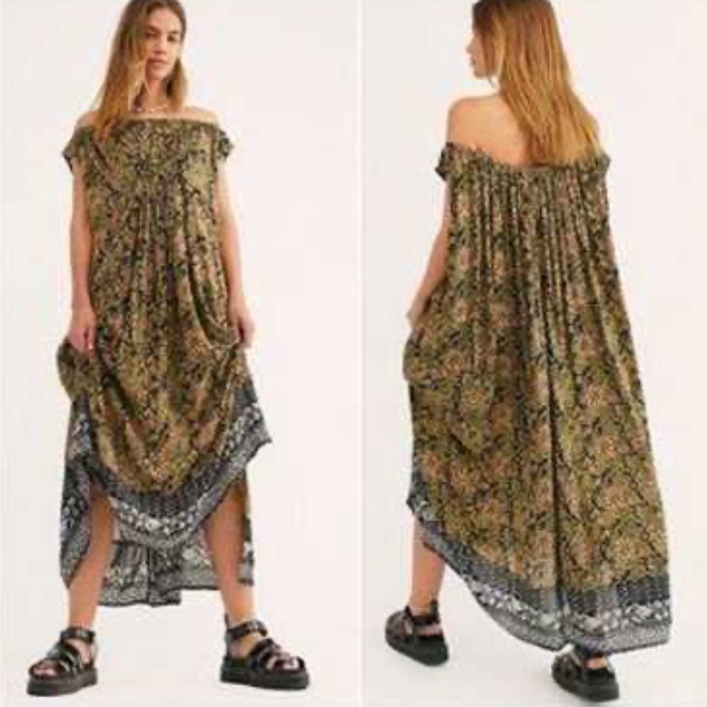 Free People Sweet Soul Smocked‎ Boho Maxi Dress Olive Black Floral Print XS